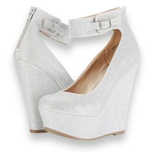 DREAM PAIRS Mary Jane Silver Glitter Platform Wedge Ankle Strap Shoes 5.5‎ | EUC